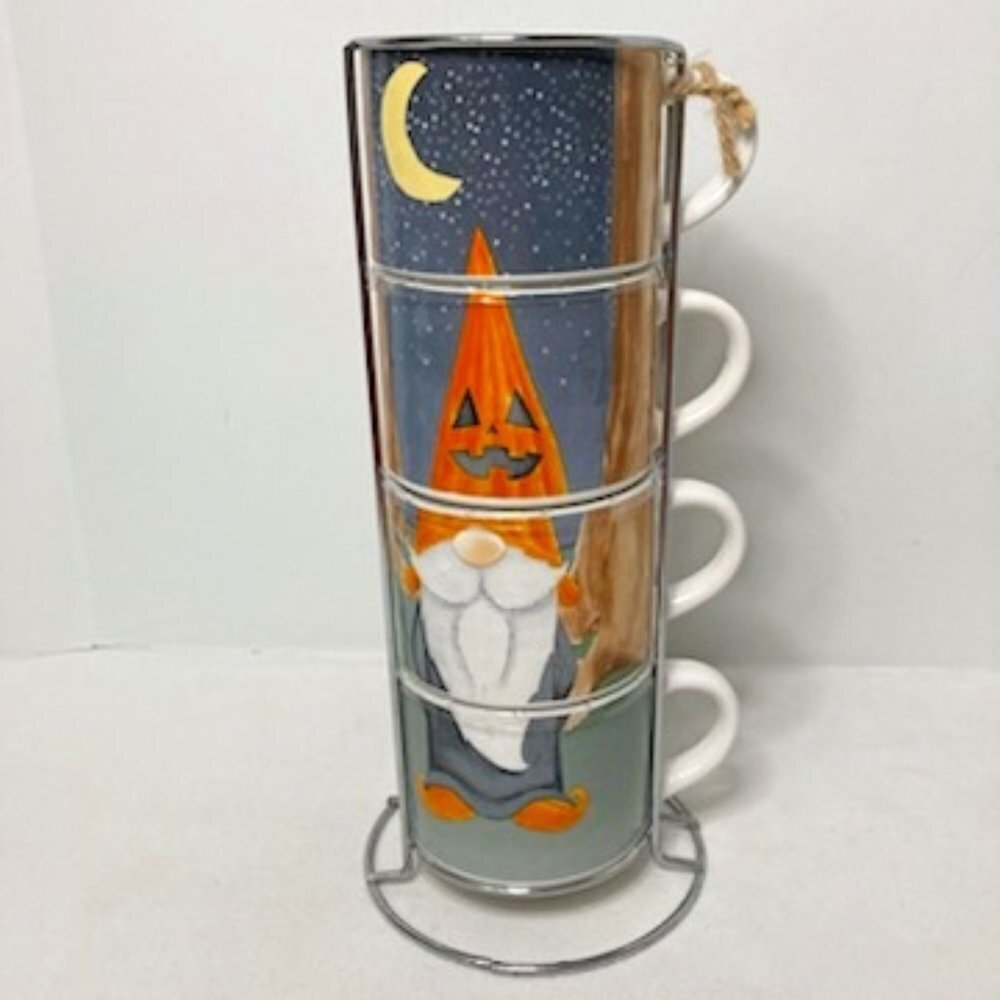 Prima Design Halloween‎ Gnome Stackable Mugs Pumpkin Hat Set of 4 Metal Caddy